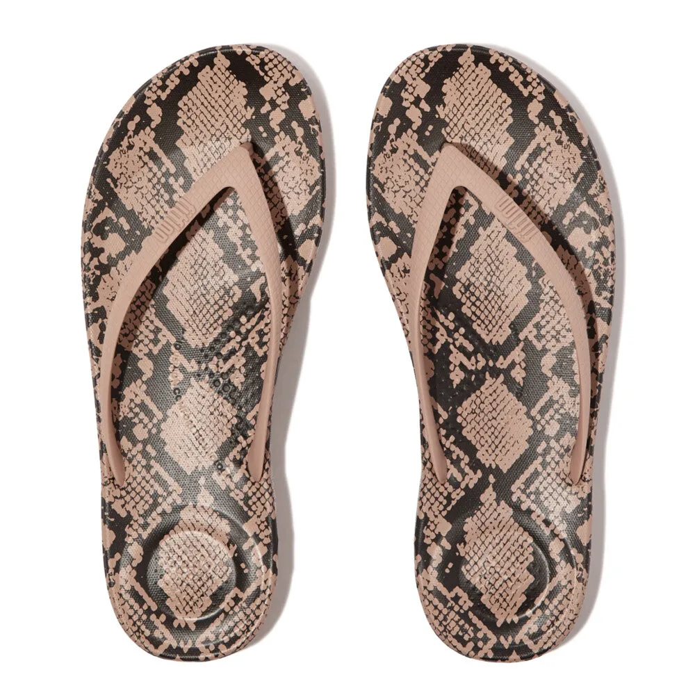 Fitflop iQushion Snake Print Thongs Beige
