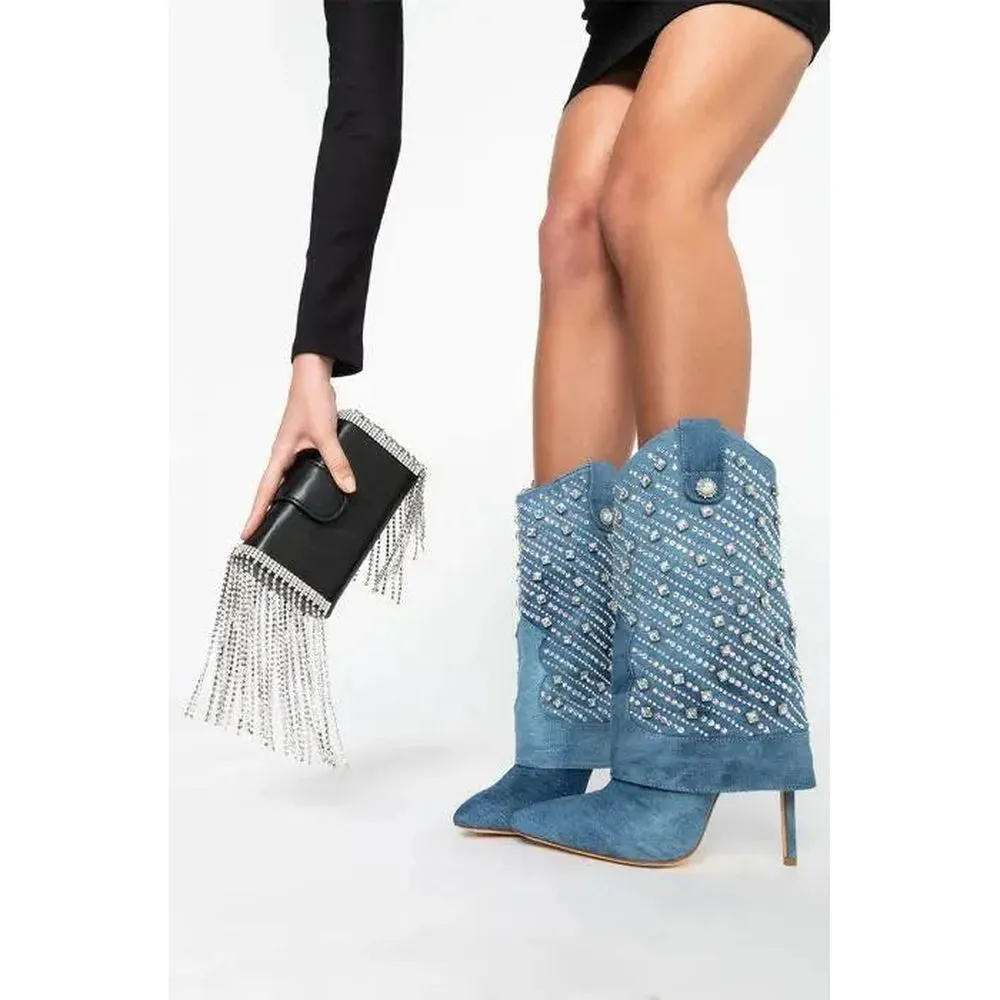 Merendy Jenasers Pointed-toe stilettos denim mid-calf denim ankle  boots