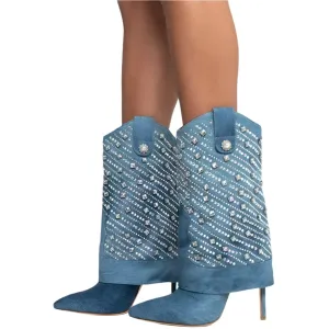 Merendy Jenasers Pointed-toe stilettos denim mid-calf denim ankle  boots