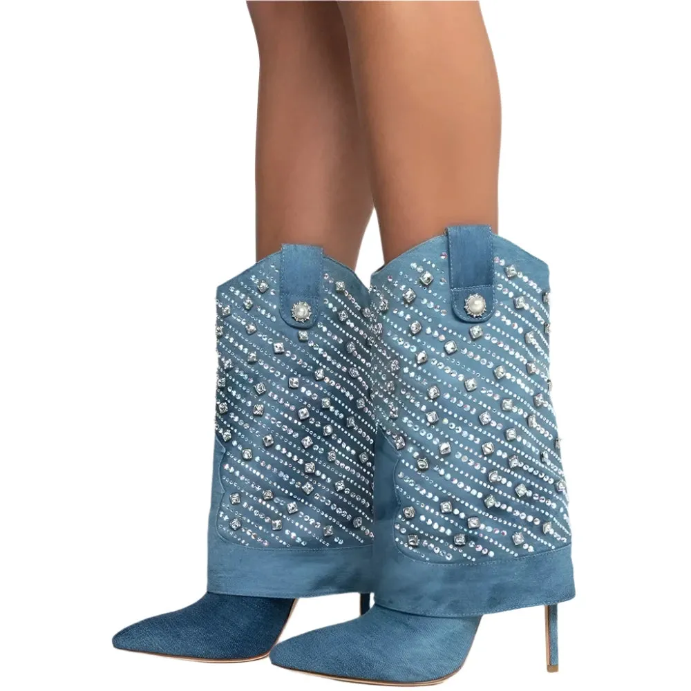 Merendy Jenasers Pointed-toe stilettos denim mid-calf denim ankle  boots