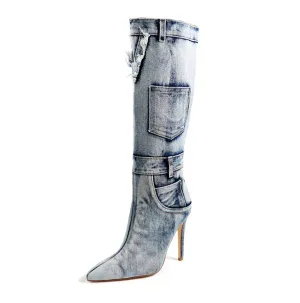 Pocket Denim Mid Calf Boots