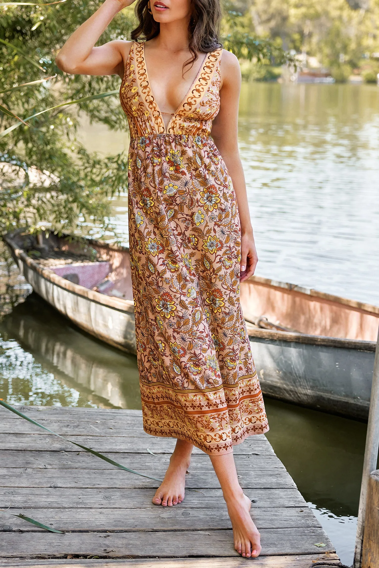 Vacation V Neck Paisley Print Maxi Dress