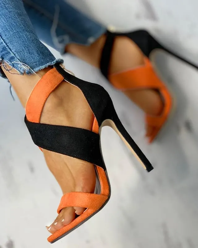 Womens Colour Matching Black and Orange Open Toe Sandals