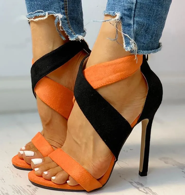 Womens Colour Matching Black and Orange Open Toe Sandals
