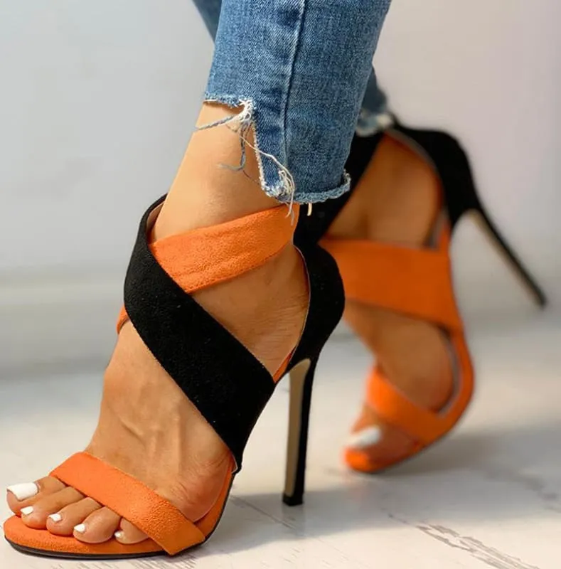 Womens Colour Matching Black and Orange Open Toe Sandals